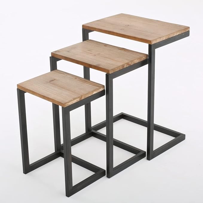 Savannah Fir Wood and Iron Nesting Side Tables (Set of 3) - Antique Brown
