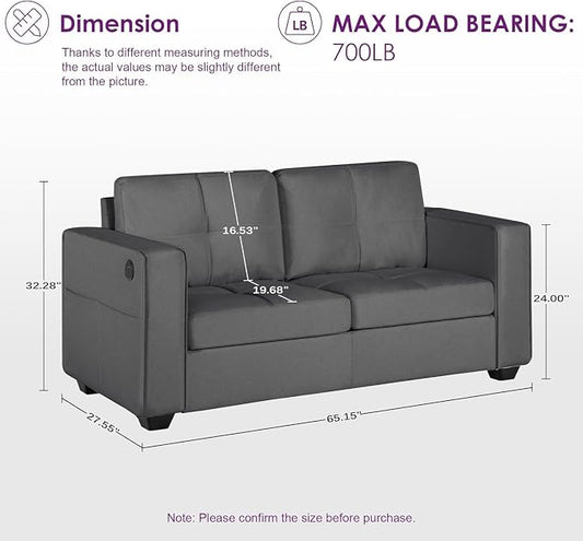 TYBOATLE 65" Small Couches for Bedroom, Mid-Century Modern Tufted Comfy Loveseat w/USB Charging Ports and Wide Arms, 2 Seater Small Office Sofa for Dorm, Apartment, Grey
