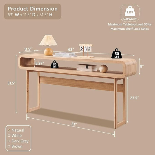 IFGET 63-Inch Long Console Table, 31.5" Tall Modern Entryway Table with Open Storage Shelf, Curved Profile Design, Narrow Wood Sofa Table Behind Couch Table for Living Room, Hallway,Foyer, Natural Oak