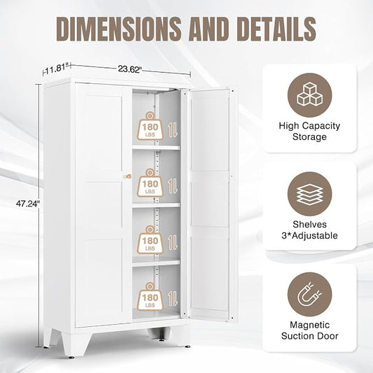 Yizosh Metal Storage Cabinet with Doors and 3 Adjustable Shelves - 47" White Kitchen Pantry Storage Cabinet Locker for Kitchen,Living Room,Dining Room