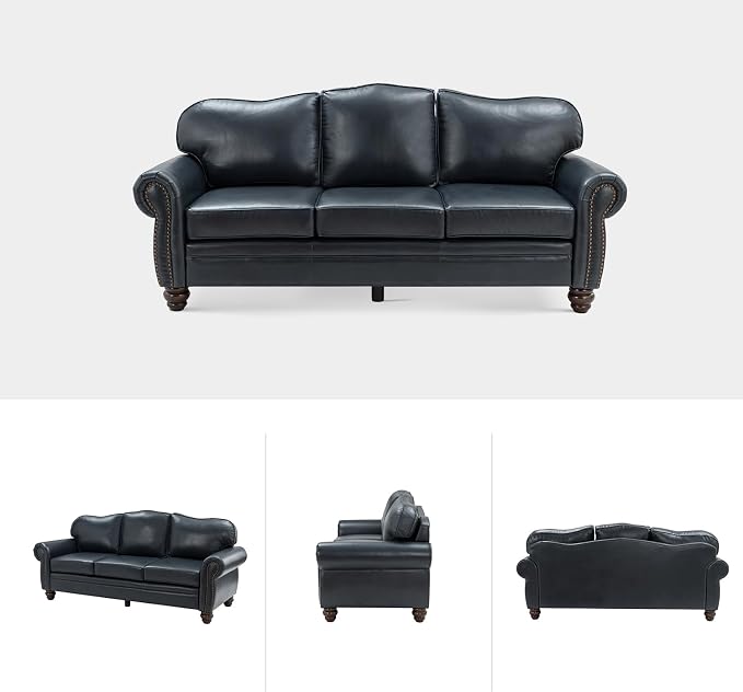Classic 3-Seater Sofa with Premium Leather Upholstery, Stylish & Comfortable Sofa for Living Room or Office, Easy Assembly and Maintain & Long-Lasting, Navy