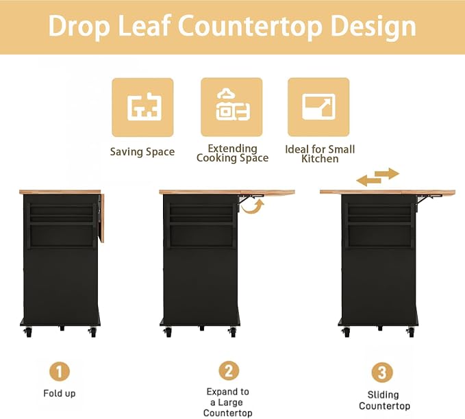59 Kitchen Island Cart with Drop Leaf Breakfast Bar, Rolling Mobile Kitchen Island Table on Wheels with Storage Cabinet, Drawer, Spice/Towel Rack, Black
