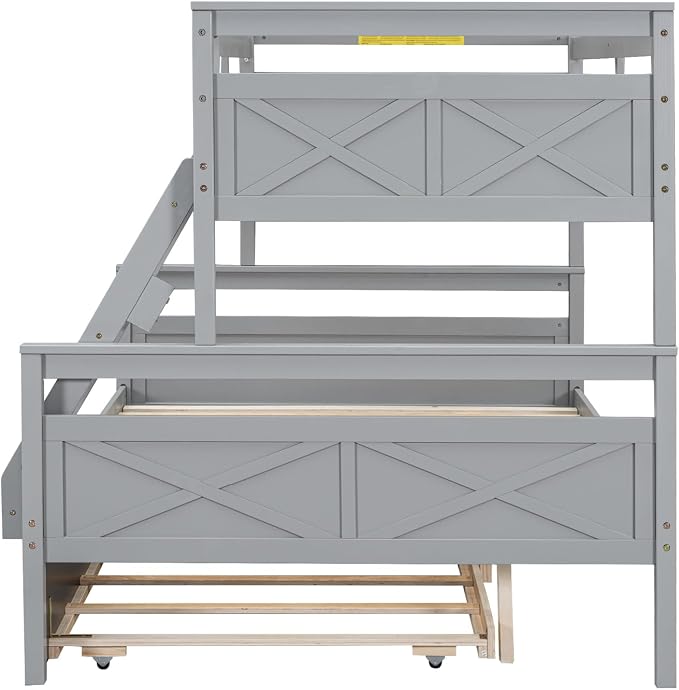 Merax Trundle Bunk Bed, Twin Over Full Wood Bunk Bed with Twin Size Trundle and Ladder, 3-in-1 Convertible to 2 Separate Beds, Solid Wood Frame with Guardrail, Grey