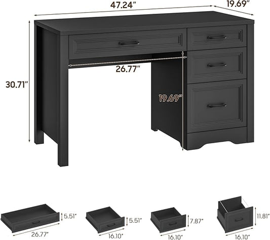 Vabches Farmhouse Executive Desk with Storage and Ample File Drawer, Rustic Large Home Writing Desk for Bedroom, Pure Black
