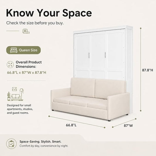 Queen Murphy Bed with Couch, Space Saving Wall Bed Cabinet Bed with Sofa and Storage, Folding Wall Bed with Dual Piston Metal Mechanism, Hide Away Bed for Studio, Small Apartment, Guest Room(White 4)