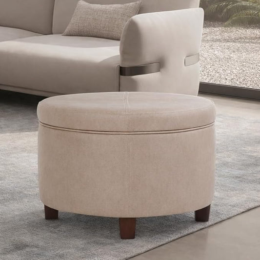 Homepop Home Decor | Upholstered Faux Leather Round Storage Ottoman | Ottoman with Storage for Living Room & Bedroom, Taupe Brown