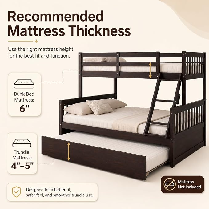 NAFORT Twin Over Full Bunk Bed with Trundle, Solid Wood Bunk Bed Frame, Ladder & Guardrails, Converts to 2 Platform Beds for Kids/Teens/Guests (Espresso, Twin Over Full with Trundle)