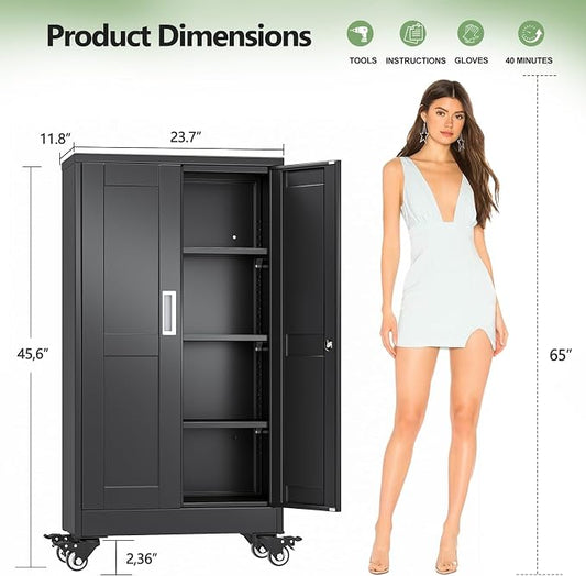 Metal Garage Storage Cabinet, 46”Tall Rolling Utility Cabinet Black | storage system with Wheels, Lock, 3 Adjustable Shelves, Heavy Duty Steel Tool Locker for Home Office, Utility Room, Gym