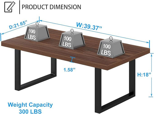 IBF Walnut Coffee Table, Minimalist Wooden Living Room Table, Modern Simple Rectangle Center Table, Vintage Rustic Wood and Metal Cocktail Tea Coffee Table for Home Bedroom Office, Walnut, 39 Inch