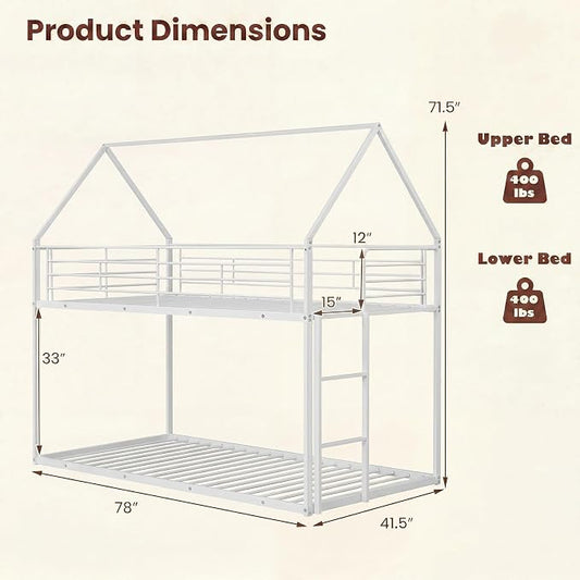 Giantex Twin Over Twin Metal Bunk Bed, House-Shaped Bunk Bed Frame with Safety Guardrail & Roof, Heavy-Duty Kids Floor Bed with Metal Slats for Boys Girls, No Box Spring Needed (White)