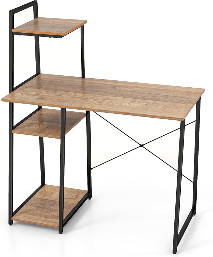 Tangkula Computer Desk with Shelves, Space Saving Home Office Desk with 3-Tier Ladder Shaped Storage Bookshelf, Modern Writing Study Desk with Metal Frame, Compact Computer Workstation (Natural)