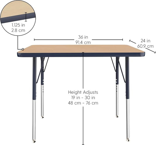 FDP Rectangle Activity School and Office Table (24 x 36 inch), Standard Legs with Swivel Glides, Adjustable Height 19-30 inches - Maple Top, Black Edge and Legs, 10003-MPBK