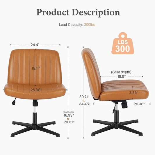 OLIXIS Criss Cross Legged Chairs Armless No Wheels Wide Seat Height Adjustable Swivel Padded PU Leather Home Office Desk Seating for Bedroom, Student, Study Room