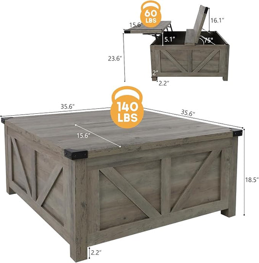 jimeimen Farmhouse Lift Top Coffee Table with Storage, Wood Square Center Table with Charging Station&USB Port, Living Room Table w/Large Hidden Space, for Living Room, Bedroom, Home Office, Grey