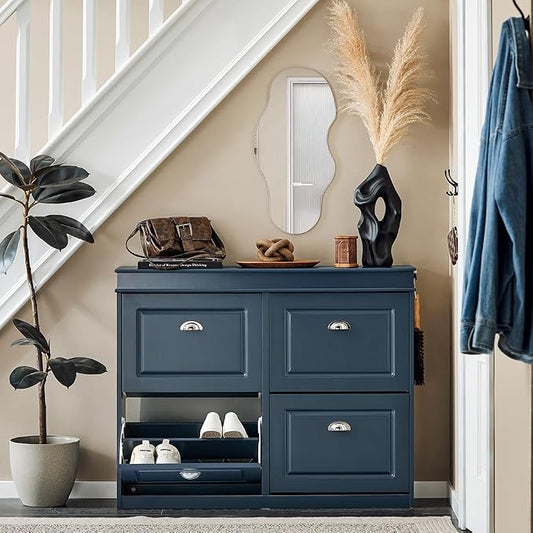 Haotian Shoe Cabinet with 4 Flip Drawers, Large Freestanding Shoe Rack, Modern Shoe Organizer for Entryway, Hallway, Entance Navy FSR79-B