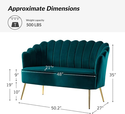 Velvet Upholstered Loveseat Sofa with Gold Metal Legs, Modern Comfy Small Love Seat with Flower Shaped Back, 2-Seater Sofa Accent Couch for Living Bedroom Leisure Areas