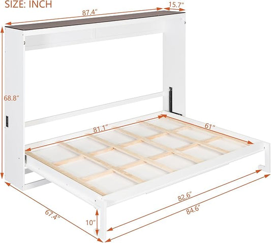 Virubi Queen Horizontal Murphy Bed with USB Charging Station,Wood Farmhouse Murphy Wall Bed Cabinet with Slats,Foldable Space-Saving for Guest Room, Home Office (White,Queen)