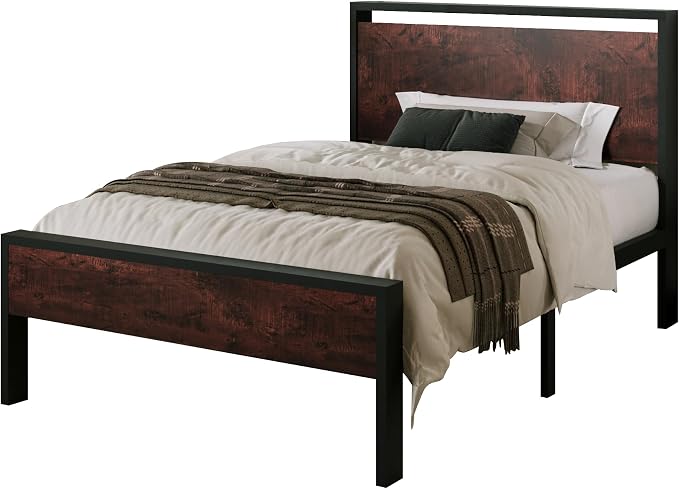 Allewie Twin Size Platform Bed Frame with Wooden Headboard and Footboard, Heavy Duty Metal Slats Support, No Box Spring Needed, Under-Bed Storage, Noise Free, Easy Assembly, Mahogany