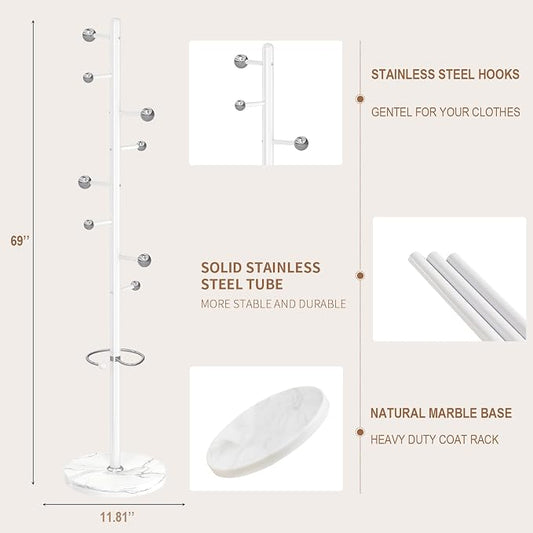 Modern Metal Coat Rack Stand, Coat Rack Freestanding with Natural Marble Base,Sturdy Heavy Duty Coat Racks with 8 Hooks, White Coat Hall Tree Stand for Entryway, Office