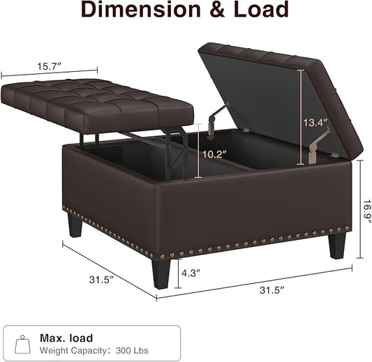 FiveWillowise Square Leather Ottoman with Storage, Faux Leather Coffee Table with Lift Top,Large Upholstered Footrest Stool Toy Box Storage Bench for Bedroom Living Room, Chocolate