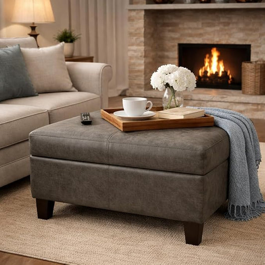 Homepop Home Decor |K2380-E903| Luxury Large Faux Leather Square Storage Ottoman | Ottoman with Storage for Living Room & Bedroom, Gray