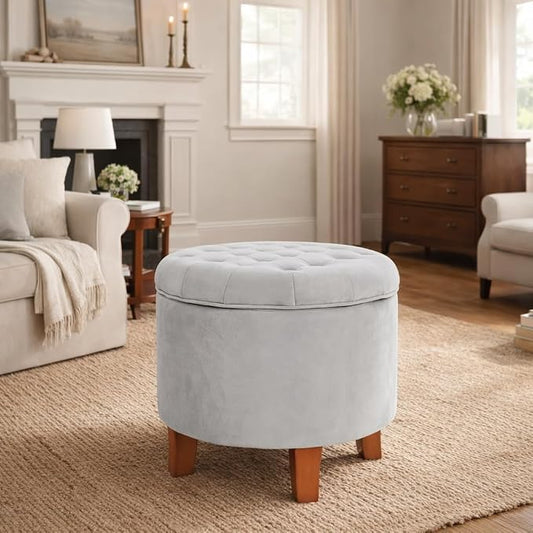 Homepop Home Decor | Upholstered Round Velvet Tufted Foot Rest Ottoman | Ottoman with Storage for Living Room & Bedroom | Decorative Home Furniture, Gray Small