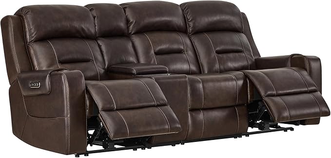 Watson & Whitely Genuine Leather Power Recliner Sofa, Lay Flat Reclining Sofa with Storage Console, Power Headrest & Cup Holders, 3 Seater Electric Reclining Couch for Living Room, Dark Brown