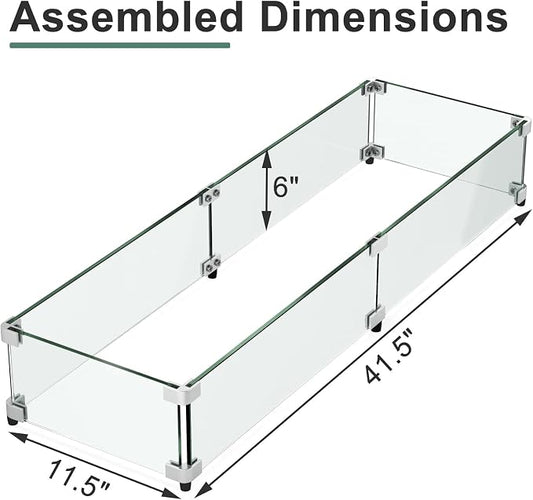 GASPRO 41.5 x 11.5 Inch Glass Wind Guard for Rectangular Fire Pit Table, Thick and Sturdy Tempered Glass Panel with Hard Aluminum Corner Bracket & Rubber Feet, Easy to Assemble