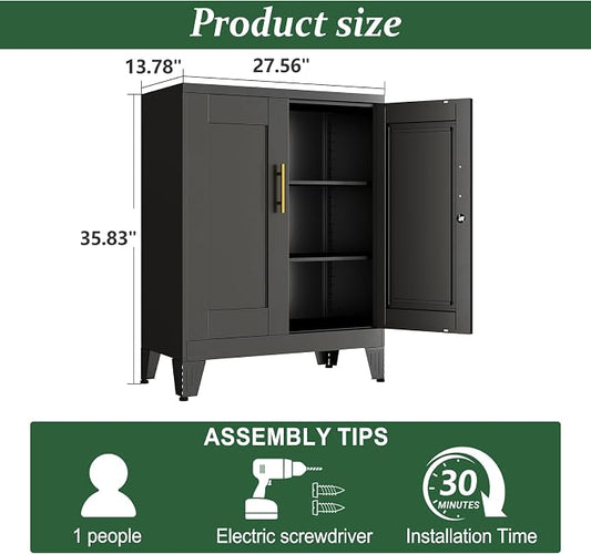Black Metal Storage Cabinet, 36" Tall Locking Storage Cabinet, 14”D | with 2 Adjustable Shelves, Steel Locker Organizer, Metal Freestanding Buffet Cupboards Sideboard for Office, Home, School,2PS