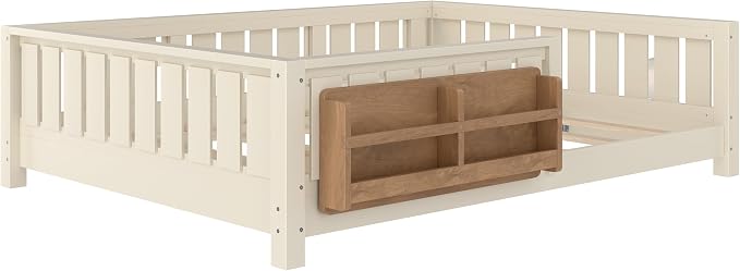 Bellemave Full Size Floor Bed with high Rails and with Built-in Bookshelf for Kids, Girls, Boys, Wood Montessori Floor Bed Without Door, Beige