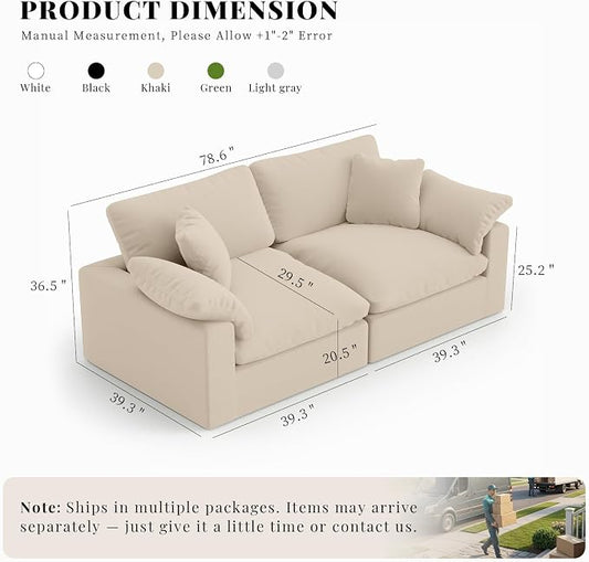Modular Sectional Sofa Cloud Couch,78.6" Down Filled Comfy Cloud Modern Sofa,2 Seater with Khaki Linen Couch Cushion Covers Removable Furniture for Living Room