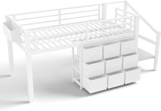 Bellemave Twin Size Low Loft Bed with 9 Fabric Storage Drawers for Kids,Metal Loft Bed Frame with Stairs and LED Lights for Boys Girls,Kids Loft Bed Twin Size,White