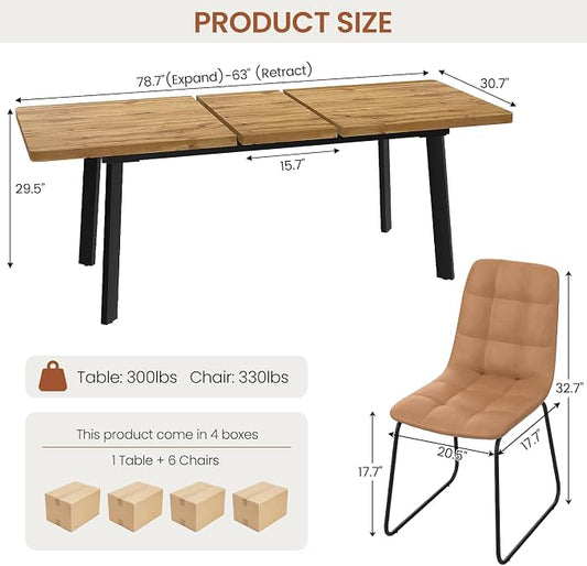 Extendable Dining Table Set for 6 to 8 People, 63" to 78.7" Modern Kitchen Table Set with 6 Chairs, MDF Dining Room Table and Chairs with Removable Extension Leaf (Walnut Table+U-Shaped Brown Chairs)