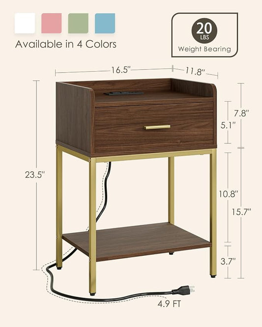 Masupu Nightstand with Charging Station, 3-Tier Modern Bedside Night Stand with Storage Drawer and Shelf, Small End Side Table for Bedroom, Living Room, Walnut