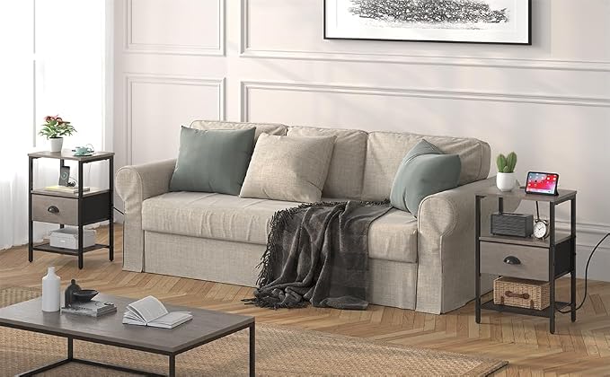 sthmec Nightstands Set of 2, Night Stands with Charging Station and Fabric Drawer, Grey Bedside Tables with Drawers, 2- Tier Side Table with Storage, Nightstands with Charging Station,Grey