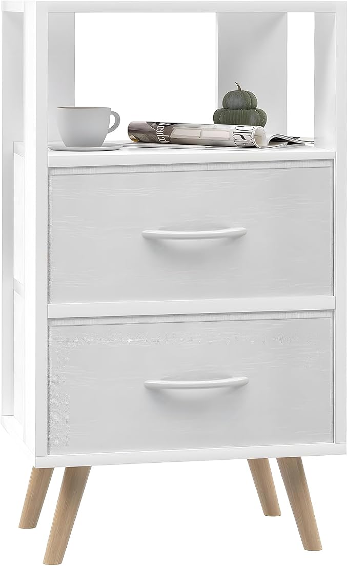 Aenuert Night Stand, White Nightstand with Fabric Drawers, Wooden Side Table with Open Storage, 3-Tier Modern End Table, Bedside Table for Small Space, Living Room, Bedroom