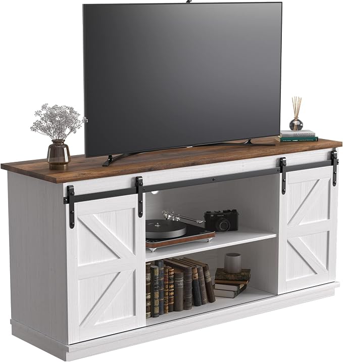 JUMMICO TV Stand for 65 Inch TV, Entertainment Center with Storage Cabinets and Sliding Barn Doors, Mid Century Modern Media TV Console Table for Living Room Bedroom (Bright White)