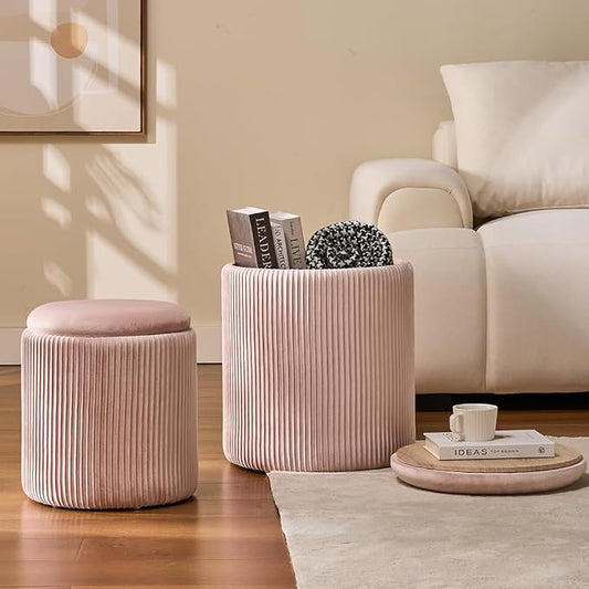 BLEXA Round Set of 2 Ottoman with Storage-Upholstered Velvet Vanity Stool for Makeup Multifunctional Ottomans Coffee Table Padded Seat Foot Rest for Living Room&Bedroom(Pink)