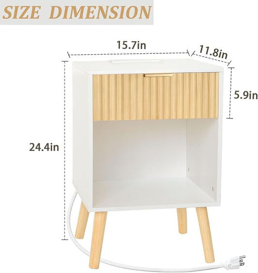 Fultyle Night Stand with Charger Station, Modern Wood Nightstand with Drawer and Outlet, Fluted Bedside Table End Table with Solid Wood Legs for Bedroom, Living Room, Office (White Oak)