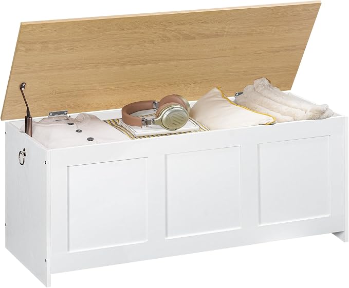 HOOBRO Storage Bench, 39.3" Retro Wooden Storage Chest, Wooden Storage Trunk, Toy Chest with Lift Top, Multifunctional Entryway Organizer, for Entryway, Living Room, White and Natural WN141CW01G1