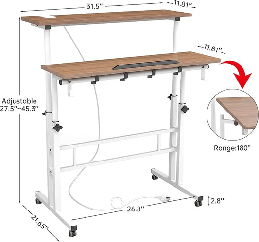 SIDUCAL Mobile Stand Up Desk with USB Ports and Outlets, Adjustable Laptop Desk on Wheels, Home Office Workstation, Rolling Laptop Cart for Standing or Sitting, 31.5" x 23.6" Vintage Oak