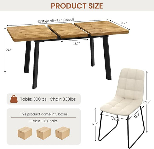 Extendable Dining Table Set for 4 to 8 People, 47.2" to 63" Modern Kitchen Table Set with 6 Chairs, MDF Dining Room Table and Chairs with Removable Extension Leaf (Walnut Table+U-Shaped White Chairs)