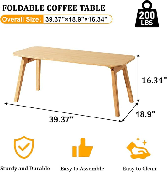 Baveke Folding Coffee Table- Foldable Floor Tables, Mid Century Coffee Table for Living Room, Small Coffee Tables Solid Wood Japanese Low Table for Sitting on Floor, No Assembly, 39.4''-Natural