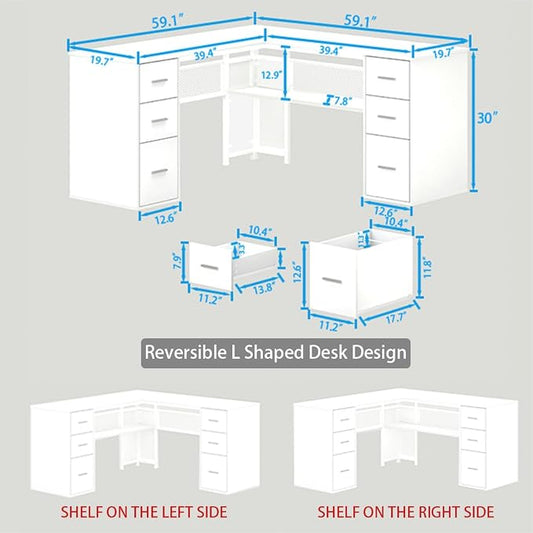 HSH White L Shaped Desk with Drawers Shelves, Large Home Office Corner Computer Desk with Storage File Cabinet, Modern Metal Wood Desk for Executive Writing Study Workstation, 59 Inch Bedroom Table