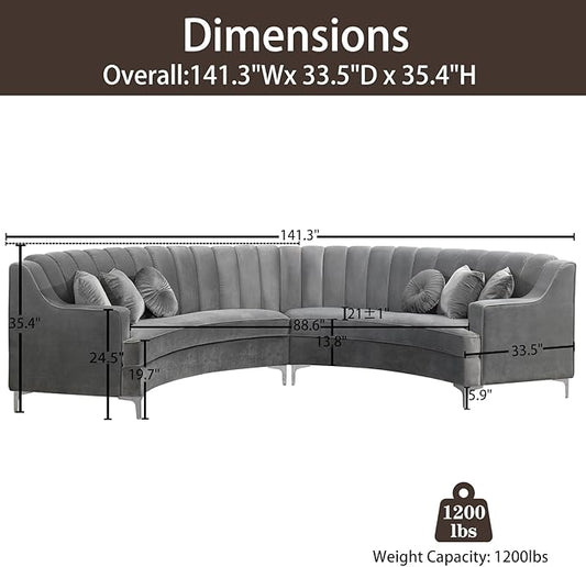 Legend Vansen Semicircle Modular Curved Velvet Sectional Sofa,141.34”Oversized Arc Sofa,Modern Cloud-Like Deep Seat Couch for Living Room Apartment Office Conference Space (2, Grey)