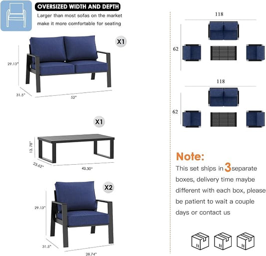 Aluminum Outdoor Patio Furniture Set, 4 Piece Sectional Coversation Sets with Coffee Table, Modern Outdoor Sofa Couch with Thick Cushions for Porch, Balcony, Garden (Black/Blue)