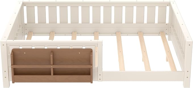 Bellemave Beige Montessori Floor Bed with Fence and Slats, Full Size Montessori Floor Bed with Bookcase and High Rails, Easy Assemble Bed Frame for Girls, Boys, Full