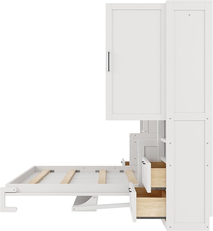 Merax Queen Size Murphy Bed with Desk, Multifunctional Foldable Wall Bed with Closet, Drawers and Shelves, Space-Saving Wood Platform Bed Frame for Small Spaces Studio Study Office Guest Room, White