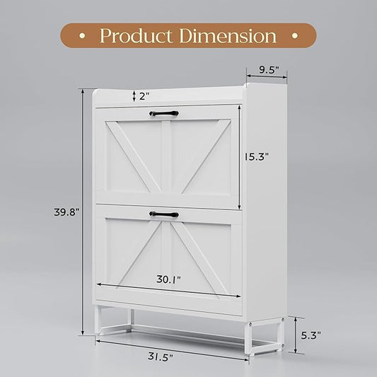 MU Shoe Storage Cabinet for Entryway, Hidden Shoe Cabinet with 2 Flip Drawers, Narrow Shoe Organizer Shoe Rack Cabinet with Metal Legs, White