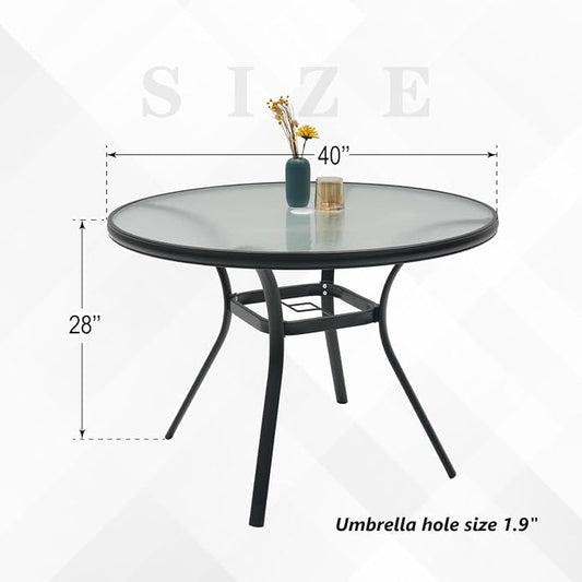 Outdoor Patio Set, 40"x 40"x 28" Round Glass Dining Table and 4pcs Swivel Chairs, All-Weather Patio Furniture Set with 1.7" Umbrella Hole for Garden Backyard Lawn Poolside